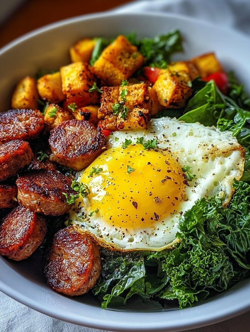 Herzhafte Frühstücks-Power-Bowl mit Wurst, Eiern und Gemüse image 2