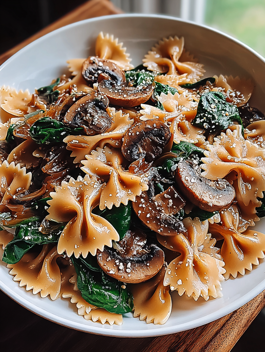 Farfalle-Nudeln mit Spinat, Champignons und karamellisierten Zwiebeln – ein gemütliches Festtagsgericht image 2